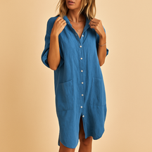 Casual shirt dress for women with button-down design and practical pockets, perfect for work, casual days, and laid-back evenings.
