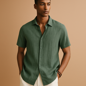 Casual short sleeve summer shirt for men with a classic collar and solid color design, ideal for holidays, beach walks, and casual outings.