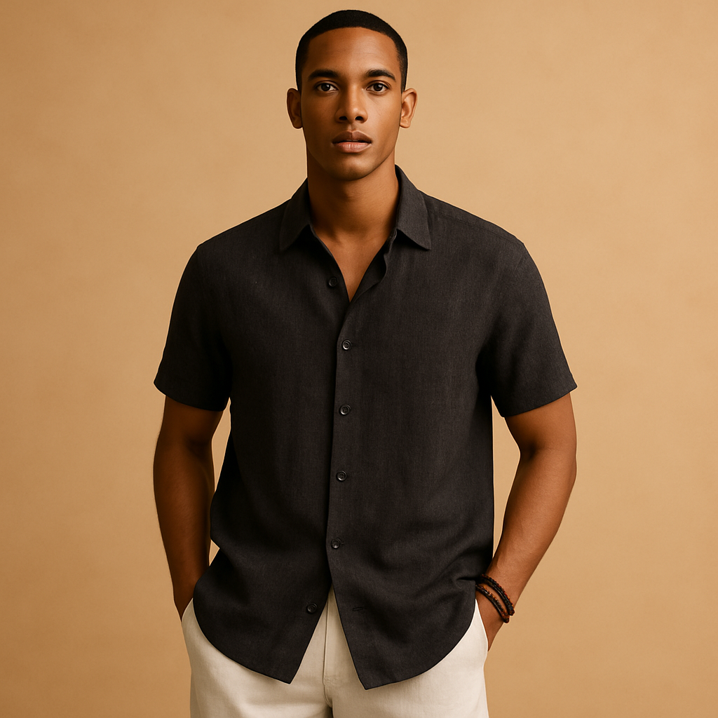 Casual short sleeve summer shirt for men with a classic collar and solid color design, ideal for holidays, beach walks, and casual outings.
