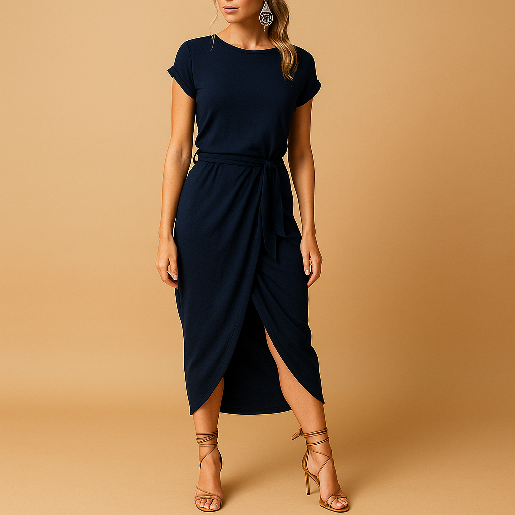 Casual summer dress for women with short sleeves and flattering fit, designed for comfort and style in warm weather.