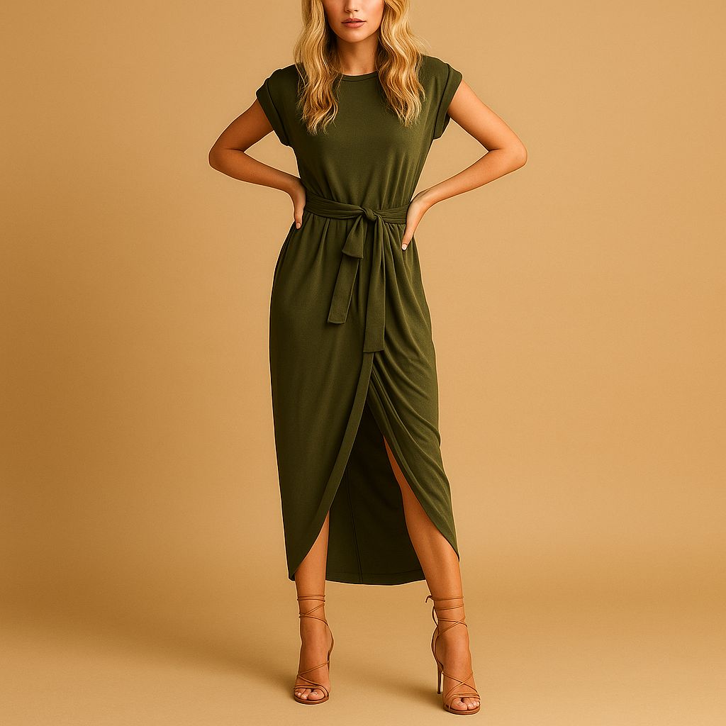 Casual summer dress for women with short sleeves and flattering fit, designed for comfort and style in warm weather.