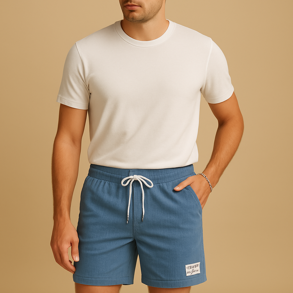 Men’s casual summer shorts with breathable fabric, elastic waistband, and adjustable drawstring, ideal for beach, lounging, or casual wear.