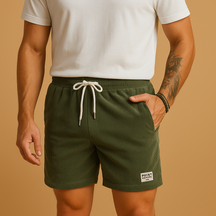 Men’s casual summer shorts with breathable fabric, elastic waistband, and adjustable drawstring, ideal for beach, lounging, or casual wear.