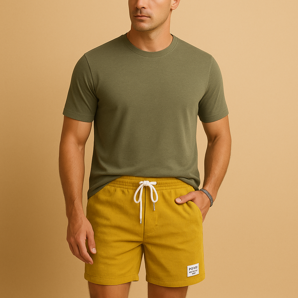 Men’s casual summer shorts with breathable fabric, elastic waistband, and adjustable drawstring, ideal for beach, lounging, or casual wear.