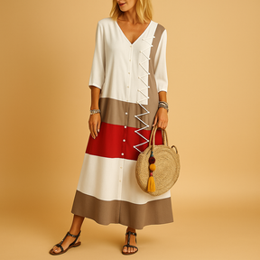 Casual midi dress for women with mid-length sleeves, zig-zag stitching, and button-down front, ideal for daily wear and relaxed outings.