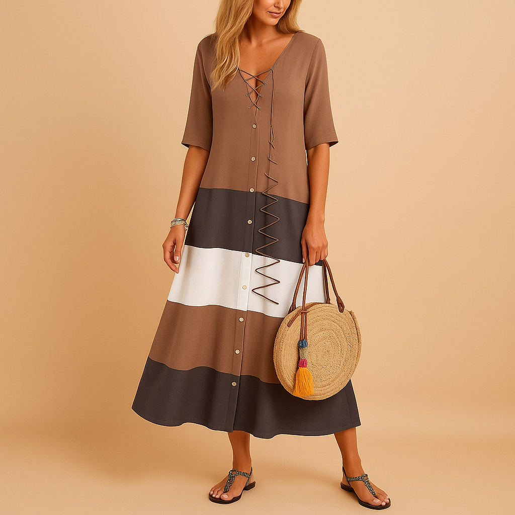 Casual midi dress for women with mid-length sleeves, zig-zag stitching, and button-down front, ideal for daily wear and relaxed outings.