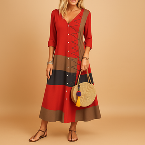 Casual midi dress for women with mid-length sleeves, zig-zag stitching, and button-down front, ideal for daily wear and relaxed outings.