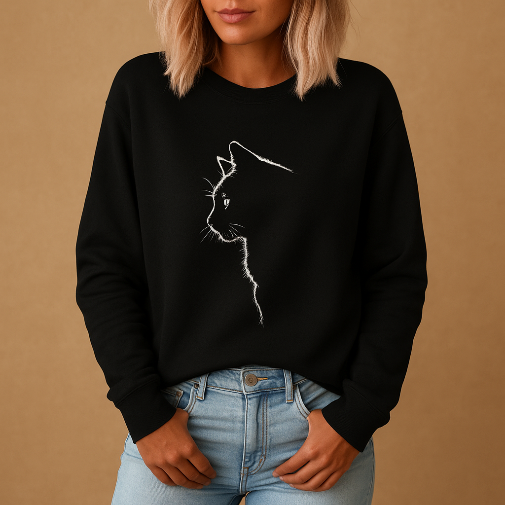 Women’s sweater with playful cat print, soft cotton blend fabric, relaxed fit, and available in stylish casual colors for everyday wear.