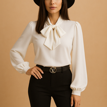 Elegant women’s blouse with bow-tie neck and loose fit, perfect for office wear, dinners, and casual occasions.