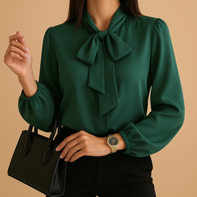 Elegant women’s blouse with bow-tie neck and loose fit, perfect for office wear, dinners, and casual occasions.