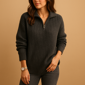 Women’s half-zip sweater in khaki, grey, blue, and black, featuring a minimalist design with breathable fabric for casual and smart styling.