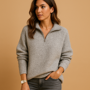 Women’s half-zip sweater in khaki, grey, blue, and black, featuring a minimalist design with breathable fabric for casual and smart styling.