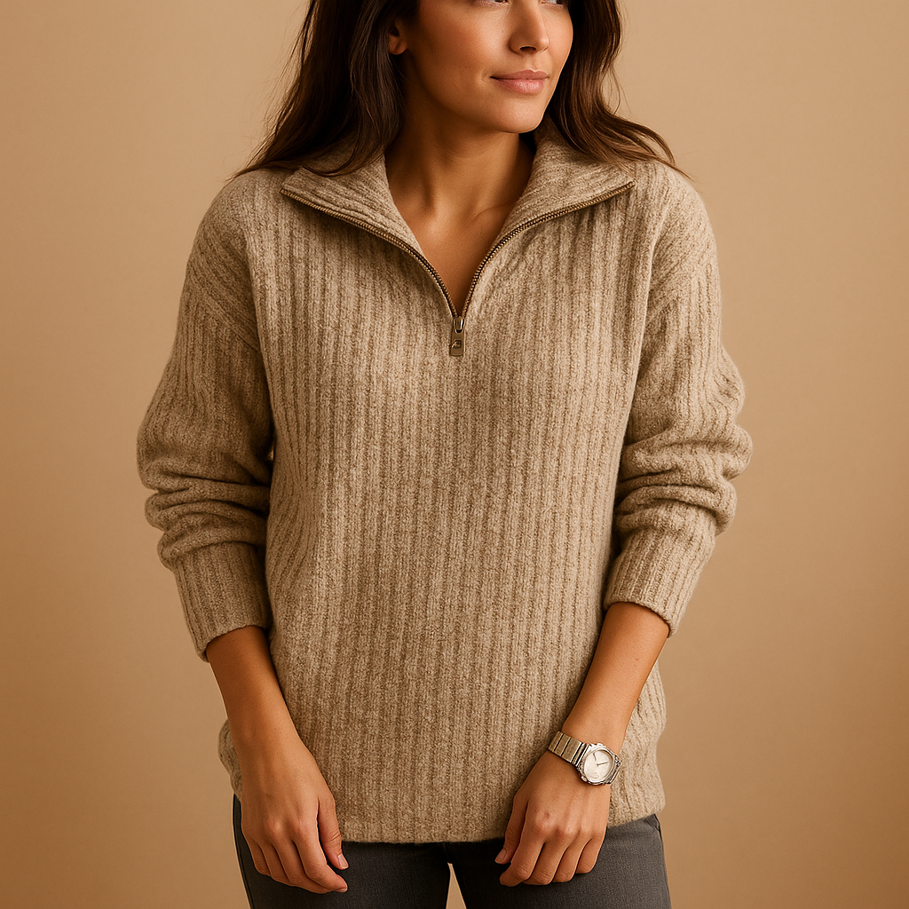 Women’s half-zip sweater in khaki, grey, blue, and black, featuring a minimalist design with breathable fabric for casual and smart styling.