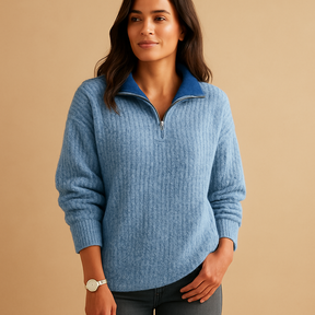 Women’s half-zip sweater in khaki, grey, blue, and black, featuring a minimalist design with breathable fabric for casual and smart styling.