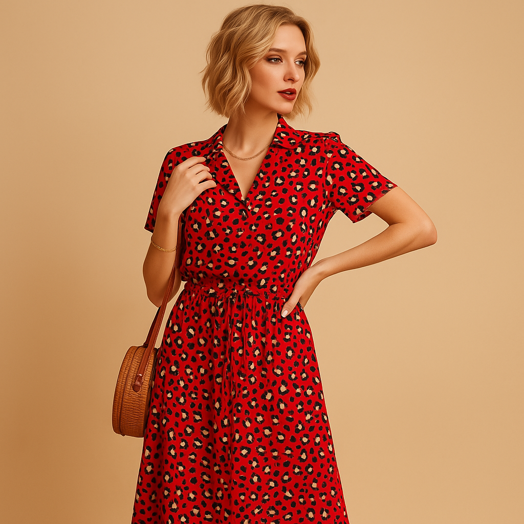 Elegant midi dress for women with short sleeves and flattering fit, perfect for formal events, office days, or stylish casual outings.