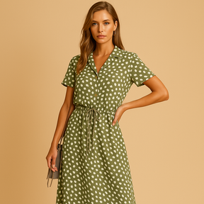 Elegant midi dress for women with short sleeves and flattering fit, perfect for formal events, office days, or stylish casual outings.