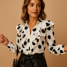 Chic V-neck blouse for women with subtle ruffles and lightly tailored fit, perfect for elegant casual or formal outfits.