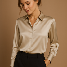 Elegant women’s V-neck blouse with collar and button closure, ideal for work, formal events, or stylish everyday outfits.