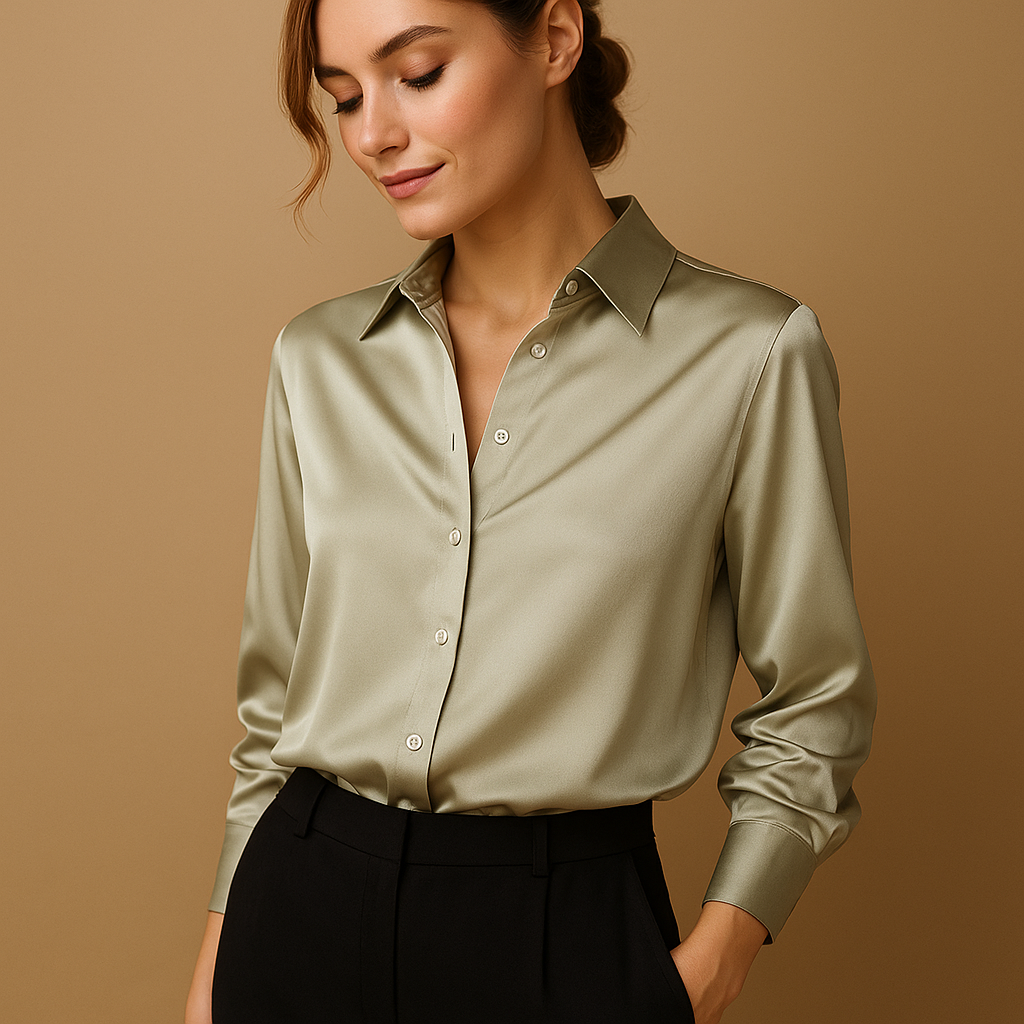 Elegant women’s V-neck blouse with collar and button closure, ideal for work, formal events, or stylish everyday outfits.