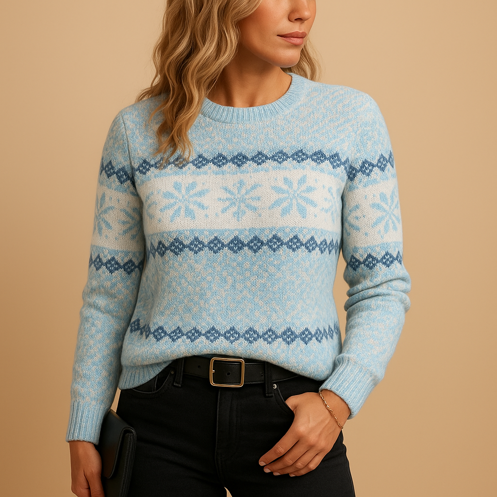 Women’s Christmas sweater with festive print, available in blue, apricot, grey, and pink – perfect for stylish winter celebrations.
