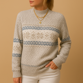 Women’s Christmas sweater with festive print, available in blue, apricot, grey, and pink – perfect for stylish winter celebrations.