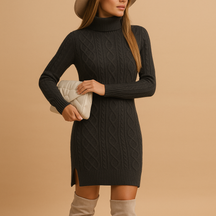 Chunky knit turtleneck sweater dress for women in beige, black, and red—warm, elegant, and perfect for winter fashion.