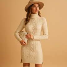 Chunky knit turtleneck sweater dress for women in beige, black, and red—warm, elegant, and perfect for winter fashion.
