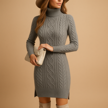 Chunky knit turtleneck sweater dress for women in beige, black, and red—warm, elegant, and perfect for winter fashion.