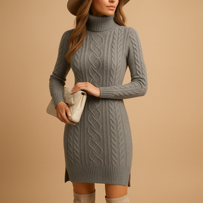 Chunky knit turtleneck sweater dress for women in beige, black, and red—warm, elegant, and perfect for winter fashion.