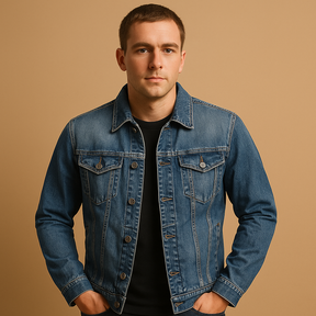 Men’s classic denim jacket in deep blue wash, perfect for casual looks and everyday wear.