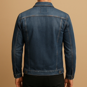 Men’s classic denim jacket in deep blue wash, perfect for casual looks and everyday wear.