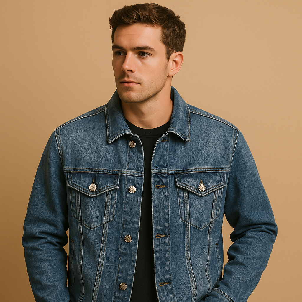 Men’s classic denim jacket in deep blue wash, perfect for casual looks and everyday wear.