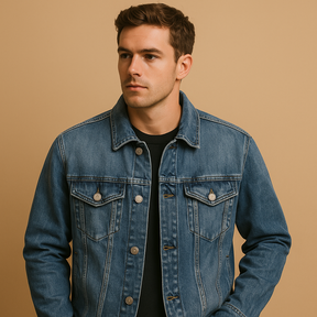 Men’s classic denim jacket in deep blue wash, perfect for casual looks and everyday wear.