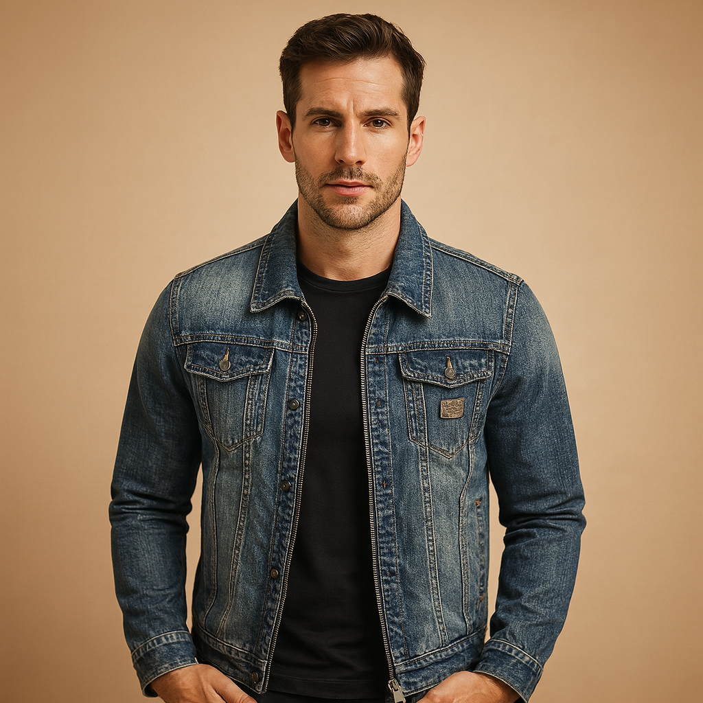 Men’s classic denim jacket in blue with button closure and front pockets, durable and stylish for casual wear and everyday outfits.