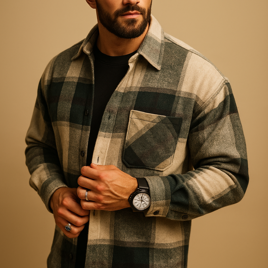Men’s classic long sleeve shirt with breathable lightweight fabric, available in green, red, white, khaki, and black.