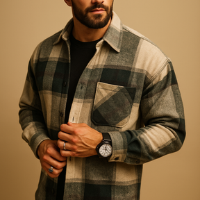 Men’s classic long sleeve shirt with breathable lightweight fabric, available in green, red, white, khaki, and black.