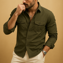 Classic men’s shirt with revere collar and chest pocket, available in khaki, black, grey, white, and army green for formal or casual wear.