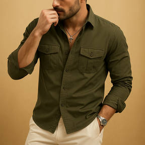 Classic men’s shirt with revere collar and chest pocket, available in khaki, black, grey, white, and army green for formal or casual wear.