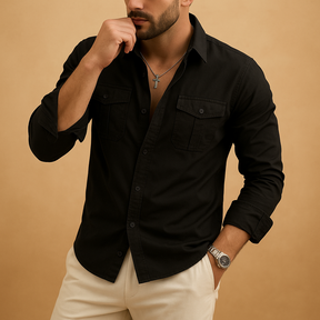 Classic men’s shirt with revere collar and chest pocket, available in khaki, black, grey, white, and army green for formal or casual wear.