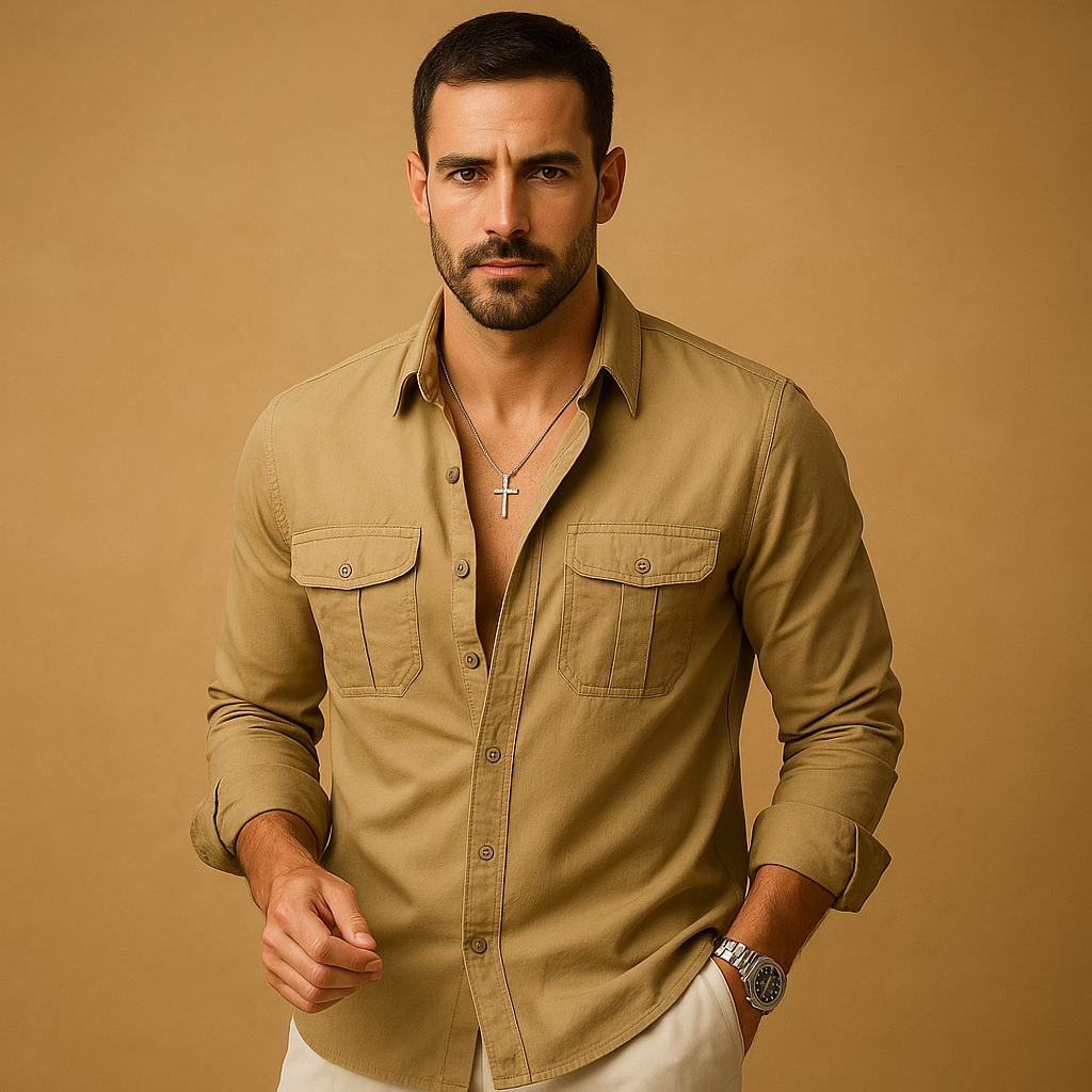 Classic men’s shirt with revere collar and chest pocket, available in khaki, black, grey, white, and army green for formal or casual wear.