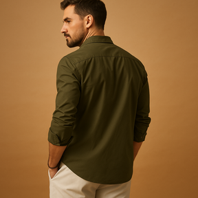 Classic men’s shirt with revere collar and chest pocket, available in khaki, black, grey, white, and army green for formal or casual wear.