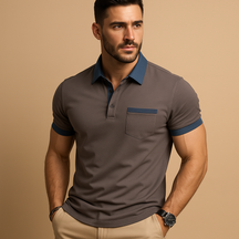 Men’s classic short sleeve polo shirt with breathable fabric, collar, and button closure, available in navy, apricot, sky blue, dark grey, black, and white.