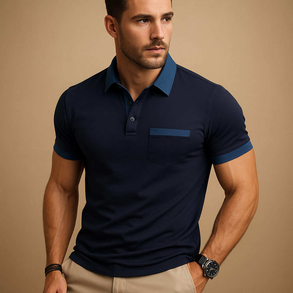 Men’s classic short sleeve polo shirt with breathable fabric, collar, and button closure, available in navy, apricot, sky blue, dark grey, black, and white.