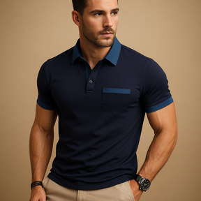Men’s classic short sleeve polo shirt with breathable fabric, collar, and button closure, available in navy, apricot, sky blue, dark grey, black, and white.