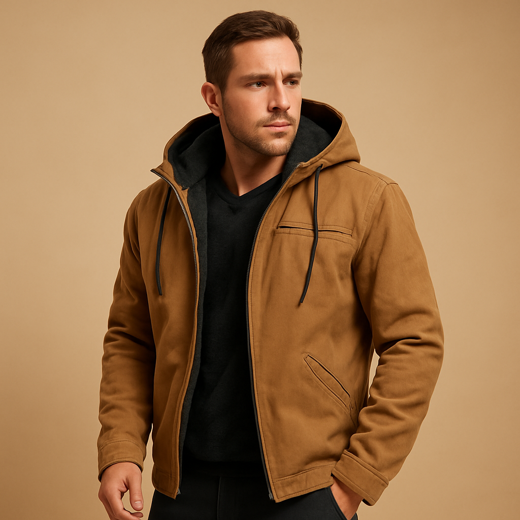 Men’s classic winter coat with hood and soft inner lining, perfect for staying warm and protected on cold winter days.