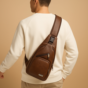 Men’s classy leather anti-theft crossbody bag with USB charging port, sleek design, and multiple compartments for travel and city use