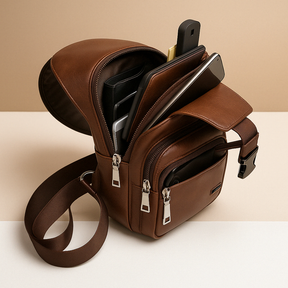 Men’s classy leather anti-theft crossbody bag with USB charging port, sleek design, and multiple compartments for travel and city use
