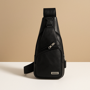 Men’s classy leather anti-theft crossbody bag with USB charging port, sleek design, and multiple compartments for travel and city use