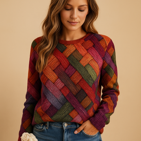 Colorful knit sweater for women with printed design and soft breathable fabric, ideal for casual outfits and everyday style in multiple color options.