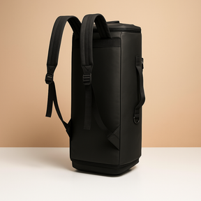 Convertible garment duffle bag for men with backpack straps, water-resistant material, and wrinkle-free suit compartment for travel and gym use.